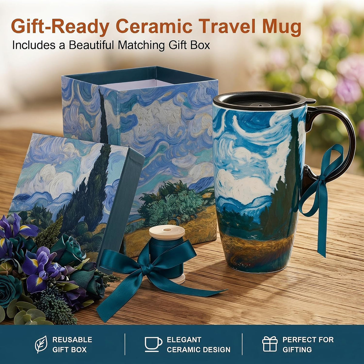 17oz Van Gogh Wheat Field Ceramic Travel Mug with Lid & Gift Box | Post Impressionist Art Coffee Cup, Microwave & Dishwasher Safe Large Latte Tea Mug, Car cupholder fit