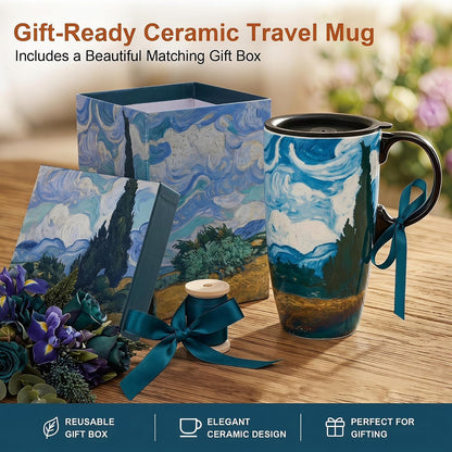 17oz Van Gogh Wheat Field Ceramic Travel Mug with Lid & Gift Box | Post Impressionist Art Coffee Cup, Microwave & Dishwasher Safe Large Latte Tea Mug, Car cupholder fit