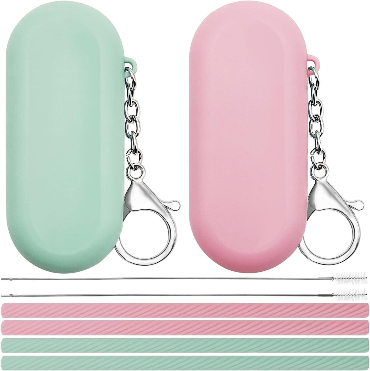 2 Sets Silicone Straws with Case, Reusable Travel Straw Cruise Ship Essentials, Foldable Portable Straw + Deep Cleaning Brush + Carry Case with Keychain, for Travel & Party Cold or Hot (Pink & Blue)
