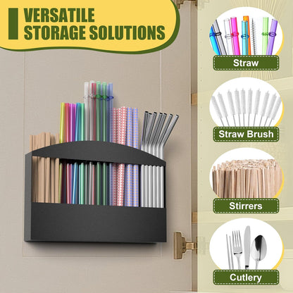 Straw Holder for Cabinet Door, Metal Straw Dispenser Organizer Wall Mount with Double Sided Adhesive Tape, Compatible with Tumbler Straws and Coffee Stirrers