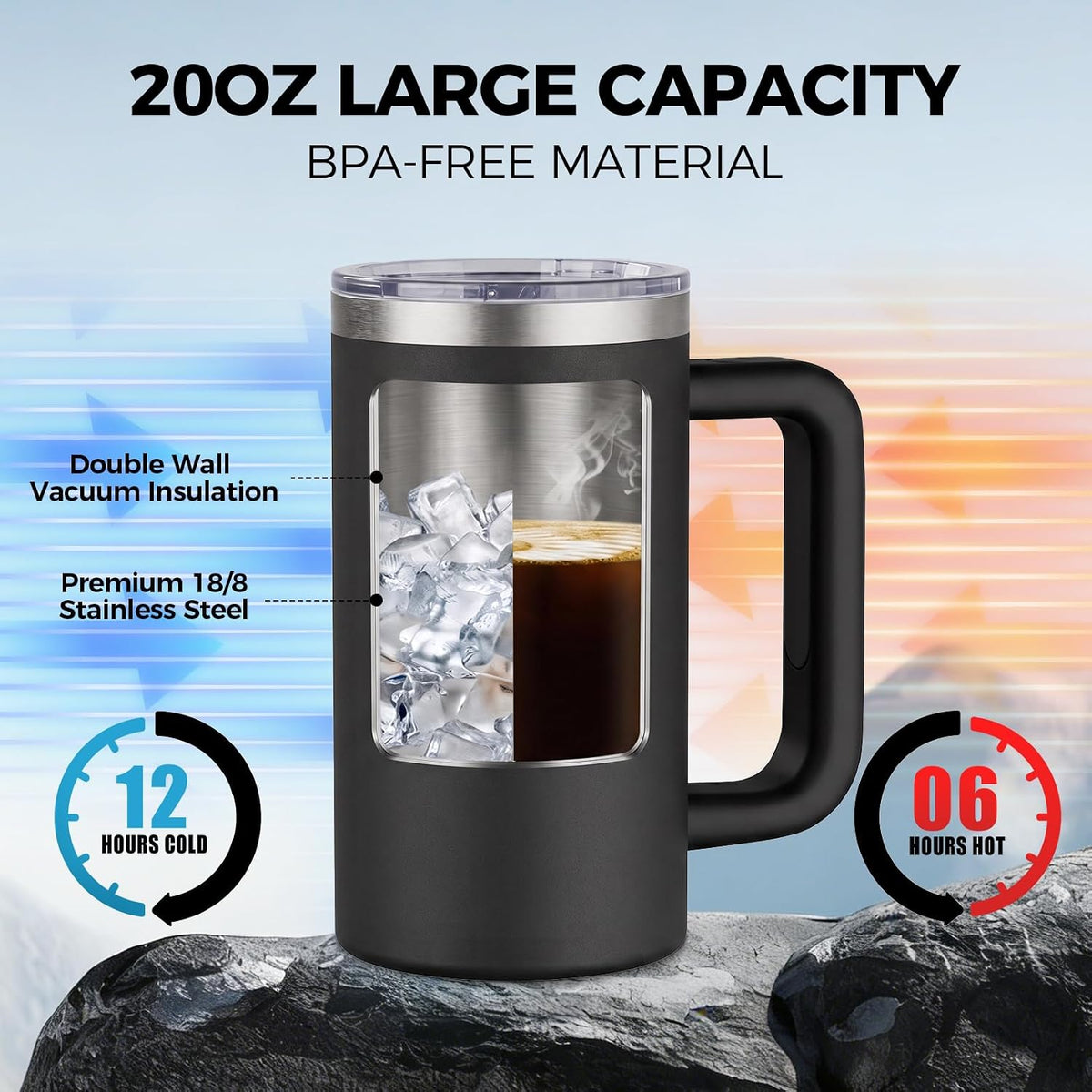 20oz Insulated Coffee Mug With Handle For Desk,Navy Blue | 18/8 Stainless Steel Thermal Tumbler Cup With Sliding Lid, Straw, Brush & Silicone Coaster. Ideal For Adult Desk Use.