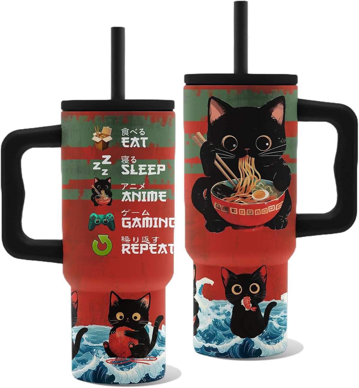 Insulated Cat Tumbler 24oz, Anime Cat Cup Gifts for Women | Funny Japanese Cats Leakproof, Ramen Gamer Cats Water Bottle, Birthday Ideal Gifts for Anime Fans Lovers Gym Office, 1 Pack