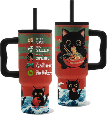 Insulated Cat Tumbler 24oz, Anime Cat Cup Gifts for Women | Funny Japanese Cats Leakproof, Ramen Gamer Cats Water Bottle, Birthday Ideal Gifts for Anime Fans Lovers Gym Office, 1 Pack