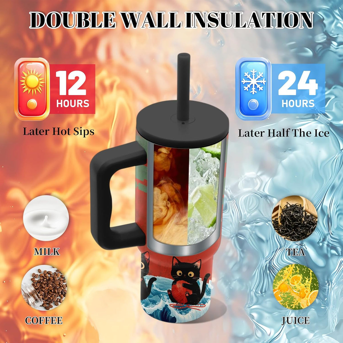 Insulated Cat Tumbler 24oz, Anime Cat Cup Gifts for Women | Funny Japanese Cats Leakproof, Ramen Gamer Cats Water Bottle, Birthday Ideal Gifts for Anime Fans Lovers Gym Office, 1 Pack