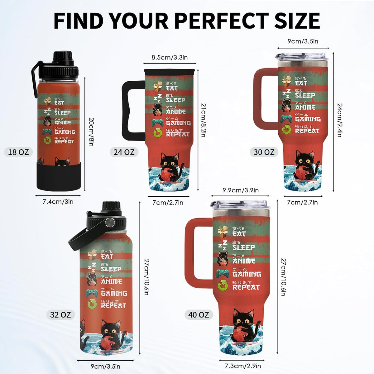 Insulated Cat Tumbler 24oz, Anime Cat Cup Gifts for Women | Funny Japanese Cats Leakproof, Ramen Gamer Cats Water Bottle, Birthday Ideal Gifts for Anime Fans Lovers Gym Office, 1 Pack