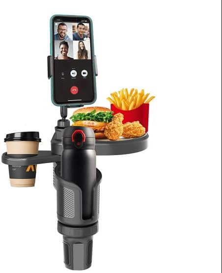 4-in-1 Car Cup Holder Expander with 360° Swivel Tray, Universal Adjustable Base for Large Mugs and Bottles, Integrated Smartphone Mount for Food and Snacks, Black
