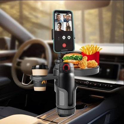 4-in-1 Car Cup Holder Expander with 360° Swivel Tray, Universal Adjustable Base for Large Mugs and Bottles, Integrated Smartphone Mount for Food and Snacks, Black