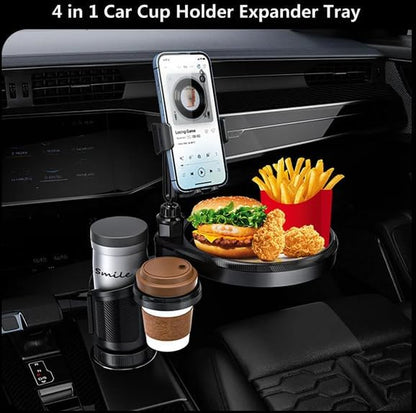 4-in-1 Car Cup Holder Expander with 360° Swivel Tray, Universal Adjustable Base for Large Mugs and Bottles, Integrated Smartphone Mount for Food and Snacks, Black