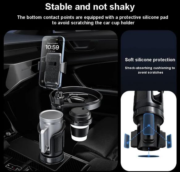 4-in-1 Car Cup Holder Expander with 360° Swivel Tray, Universal Adjustable Base for Large Mugs and Bottles, Integrated Smartphone Mount for Food and Snacks, Black