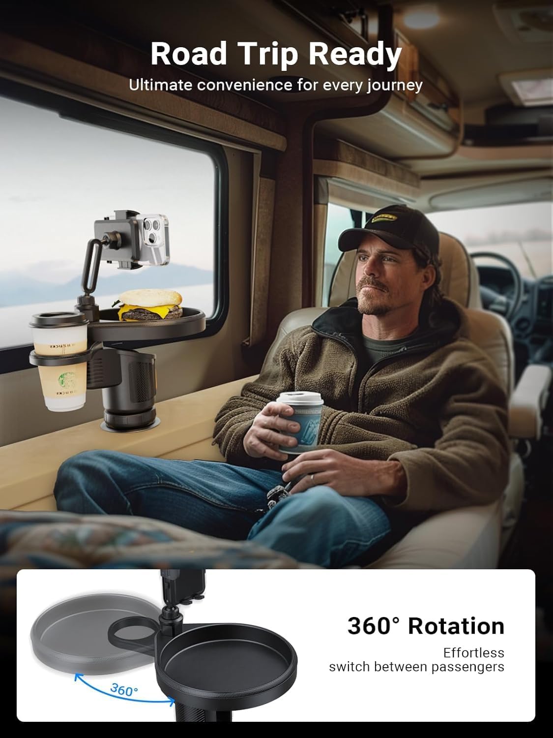 4-in-1 Car Cup Holder Expander with 360° Swivel Tray, Universal Adjustable Base for Large Mugs and Bottles, Integrated Smartphone Mount for Food and Snacks, Black