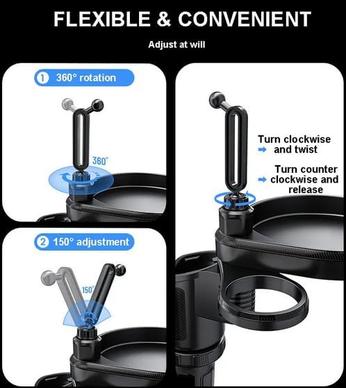 4-in-1 Car Cup Holder Expander with 360° Swivel Tray, Universal Adjustable Base for Large Mugs and Bottles, Integrated Smartphone Mount for Food and Snacks, Black