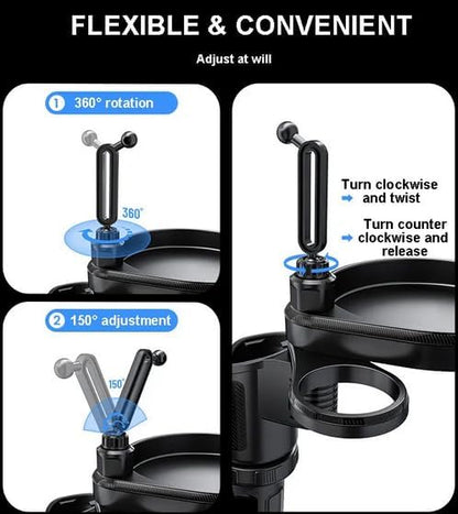 4-in-1 Car Cup Holder Expander with 360° Swivel Tray, Universal Adjustable Base for Large Mugs and Bottles, Integrated Smartphone Mount for Food and Snacks, Black