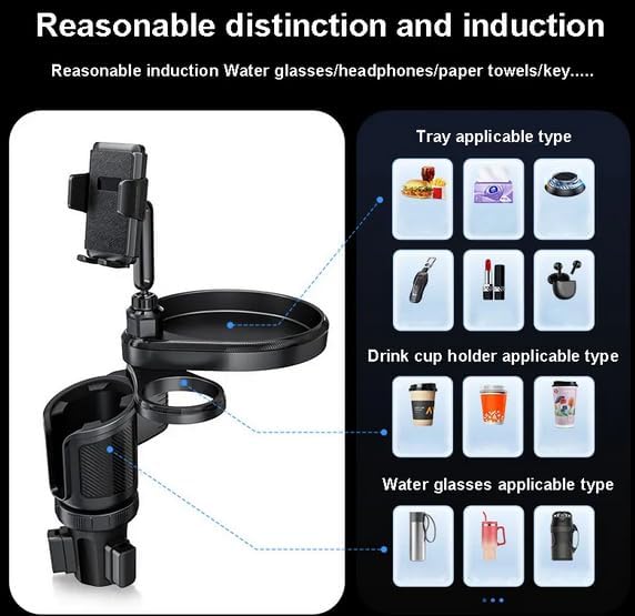 4-in-1 Car Cup Holder Expander with 360° Swivel Tray, Universal Adjustable Base for Large Mugs and Bottles, Integrated Smartphone Mount for Food and Snacks, Black