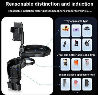 4-in-1 Car Cup Holder Expander with 360° Swivel Tray, Universal Adjustable Base for Large Mugs and Bottles, Integrated Smartphone Mount for Food and Snacks, Black