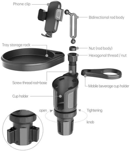 4-in-1 Car Cup Holder Expander with 360° Swivel Tray, Universal Adjustable Base for Large Mugs and Bottles, Integrated Smartphone Mount for Food and Snacks, Black