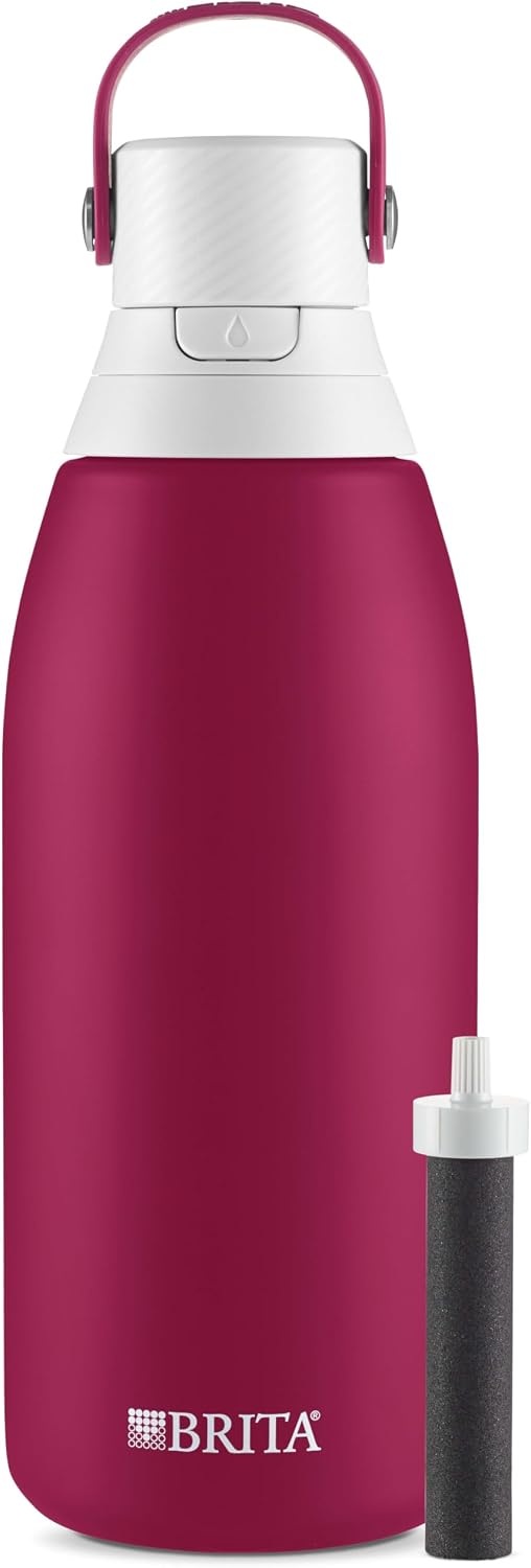 Insulated Filtered Water Bottle with Straw, Reusable, Stainless Steel Metal, Ruby, 32 Ounce