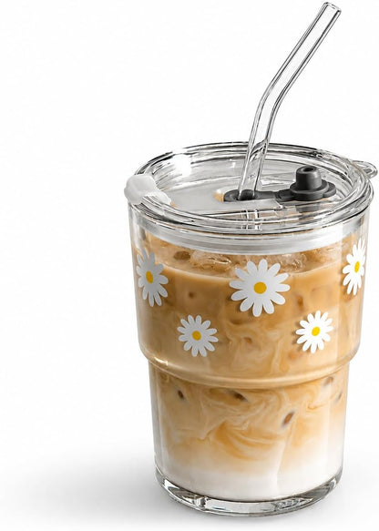 13oz Glass Tumbler with Straw and Lid, Reusable Iced Coffee Cup Tumbler, Cute Glass Cups for Water, Matcha, Travel Coffee Mugs (Daisy)