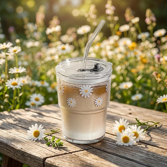 13oz Glass Tumbler with Straw and Lid, Reusable Iced Coffee Cup Tumbler, Cute Glass Cups for Water, Matcha, Travel Coffee Mugs (Daisy)