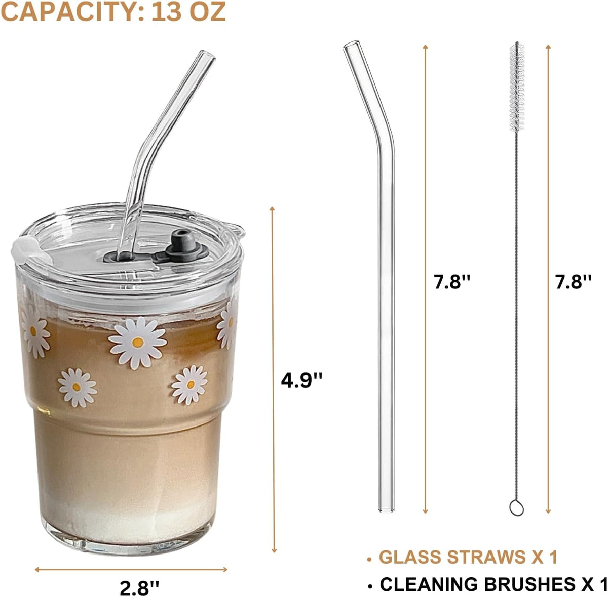 13oz Glass Tumbler with Straw and Lid, Reusable Iced Coffee Cup Tumbler, Cute Glass Cups for Water, Matcha, Travel Coffee Mugs (Daisy)