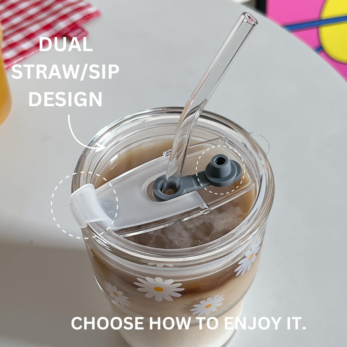 13oz Glass Tumbler with Straw and Lid, Reusable Iced Coffee Cup Tumbler, Cute Glass Cups for Water, Matcha, Travel Coffee Mugs (Daisy)