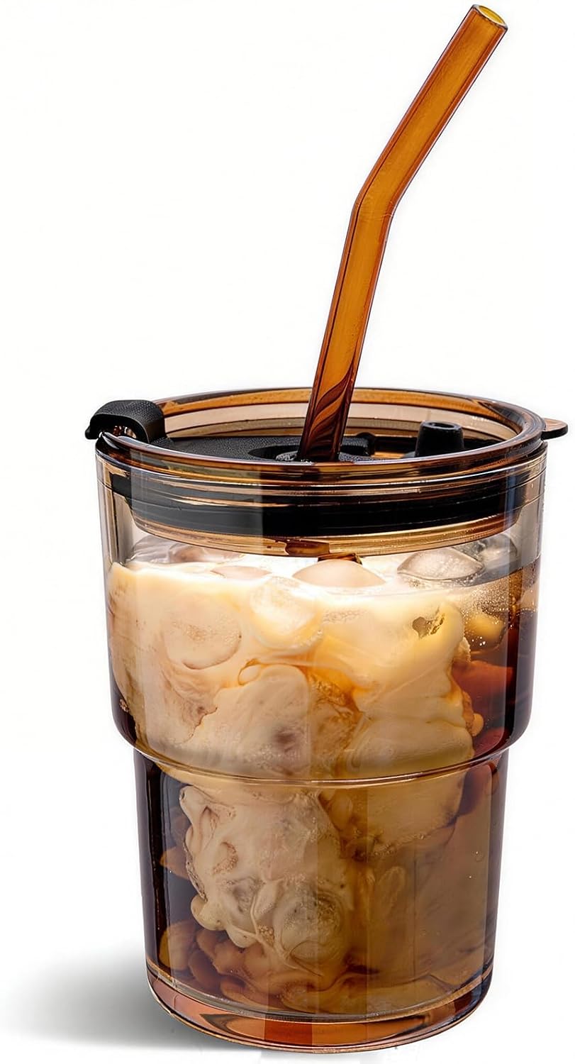 13oz Glass Tumbler with Straw and Lid, Reusable Iced Coffee Cup Tumbler, Cute Glass Cups for Water, Matcha, Travel Coffee Mugs (Daisy)