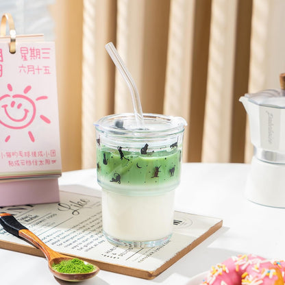 13oz Glass Tumbler with Straw and Lid, Reusable Iced Coffee Cup Tumbler, Cute Glass Cups for Water, Matcha, Travel Coffee Mugs (Daisy)