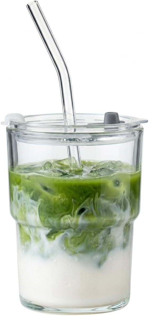 13oz Glass Tumbler with Straw and Lid, Reusable Iced Coffee Cup Tumbler, Cute Glass Cups for Water, Matcha, Travel Coffee Mugs (Daisy)