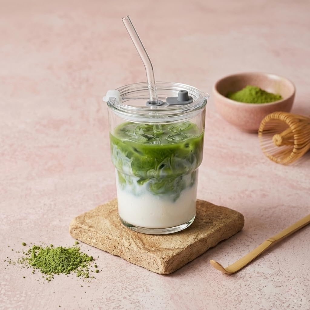 13oz Glass Tumbler with Straw and Lid, Reusable Iced Coffee Cup Tumbler, Cute Glass Cups for Water, Matcha, Travel Coffee Mugs (Daisy)