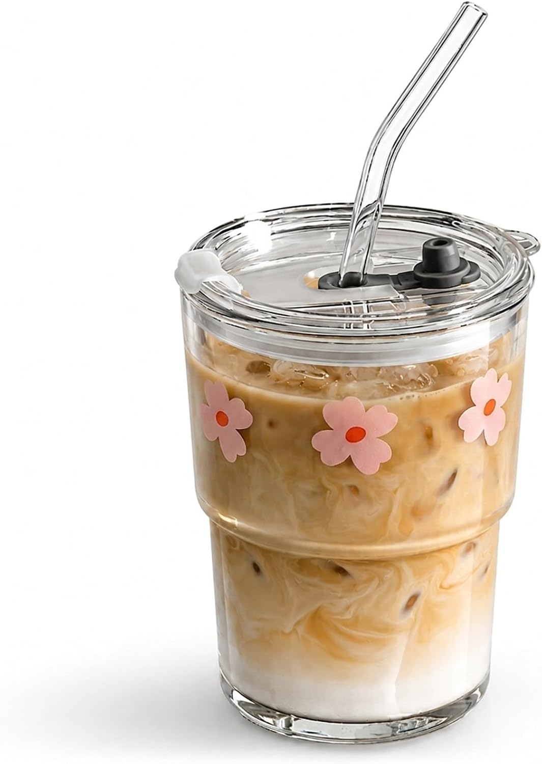13oz Glass Tumbler with Straw and Lid, Reusable Iced Coffee Cup Tumbler, Cute Glass Cups for Water, Matcha, Travel Coffee Mugs (Daisy)