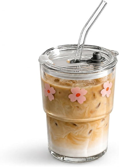 13oz Glass Tumbler with Straw and Lid, Reusable Iced Coffee Cup Tumbler, Cute Glass Cups for Water, Matcha, Travel Coffee Mugs (Daisy)