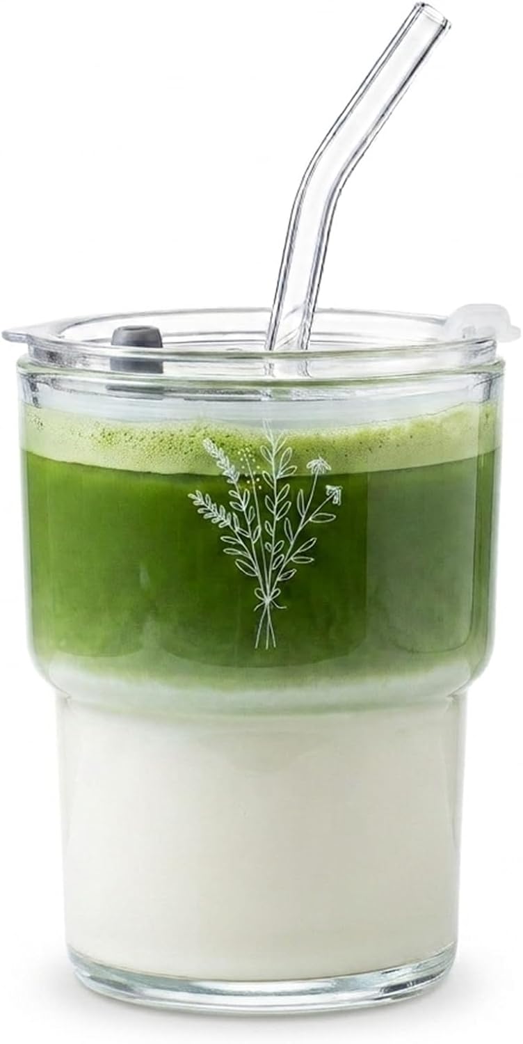 13oz Glass Tumbler with Straw and Lid, Reusable Iced Coffee Cup Tumbler, Cute Glass Cups for Water, Matcha, Travel Coffee Mugs (Daisy)