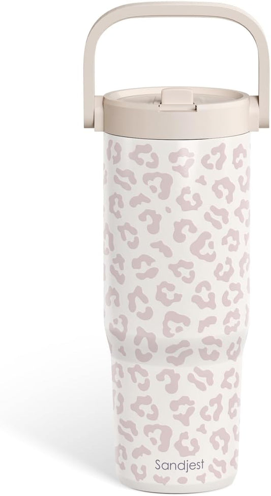 Leopard Skin Stainless Steel Straw Lid Tumbler 30oz with Carry Handle for Women Girls, Insulated Travel Coffee Cup, Gift for Sports Outdoor Workout Christmas Birthday (Beige)