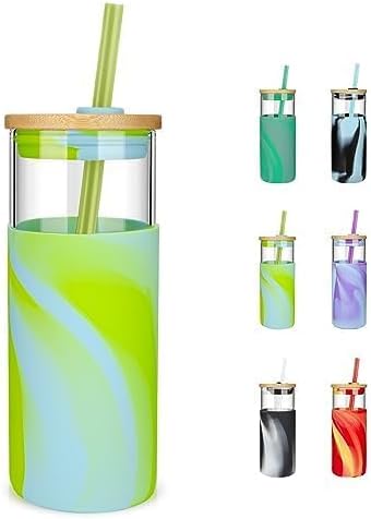 Tronco 20 oz Glass Tumbler with Lid and Straw, Iced Coffee Cup and Smoothie Cup with Bamboo Lids & Protective Silicone Sleeve, Dishwasher Safe, BPA-Free, Glass Cup 1 Pack - Colors B