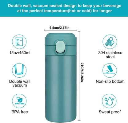 Insulated Travel Water Bottle Metal Coffee Cup Mug Stainless Steel Reusable Flask Tumbler for Men Women Gym Hiking Sports (Blue, 15 Oz)