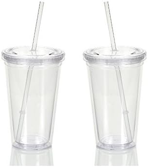 Reusable Double Wall Insulated Acrylic Tumbler Cups with Straw and Lid, 2 Set Package (16 Oz, Clear Straws) by