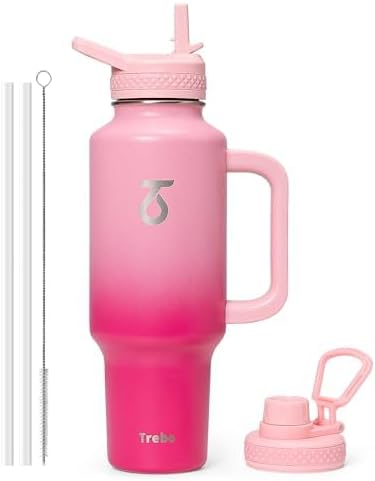 Trebo 40 oz Water Bottle Insulated Fit Car Cup Holder with Handle, Stainless Steel Water Bottles Tumbler with Spout Straw Lids, Double Wall Travel Reusable Flask, Leakproof Mug,Keep Cold &Hot,Black
