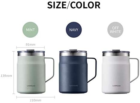 LocknLock Metro Mug Premium 18/8 Stainless Steel Double Wall Insulated with Handle Perfect for table with Lid, Black, 16 oz