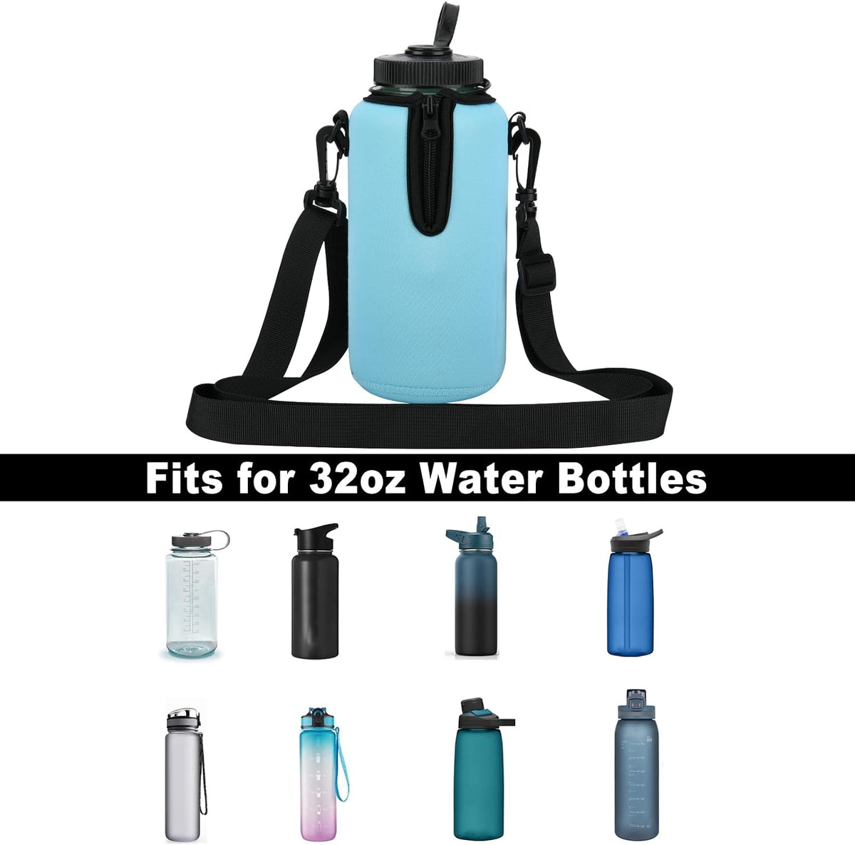 Neoprene Water Bottle Sleeve Insulator Cooler, Compatible with Nalgene Water Bottle 32 OZ, with Adjustable Shoulder Strap for Hydro Flask Wide Mouth Bottle 32oz, etc.