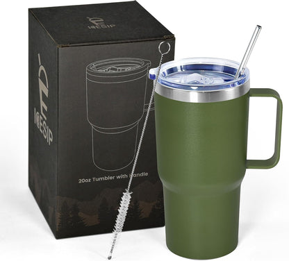 20 oz Tumbler with Handle, insulated cup coffee mug with lid, straw and handle, Double Wall Stainless Steel Vacuum Coffee Tumbler travel mug spill proof, 1pcs Navy Blue