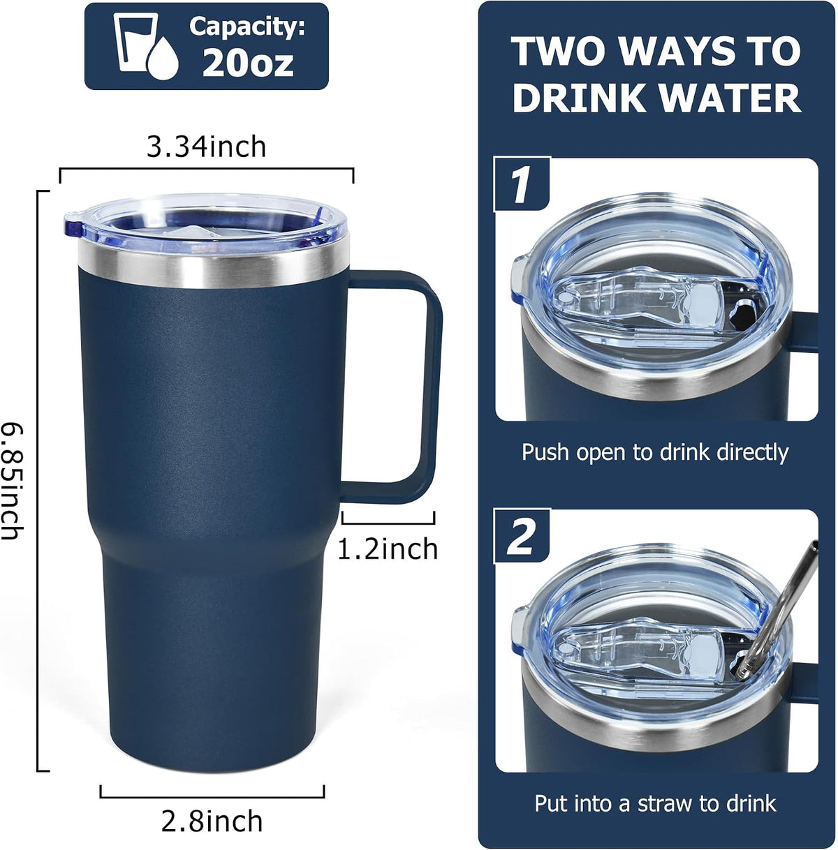 20 oz Tumbler with Handle, insulated cup coffee mug with lid, straw and handle, Double Wall Stainless Steel Vacuum Coffee Tumbler travel mug spill proof, 1pcs Navy Blue