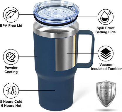 20 oz Tumbler with Handle, insulated cup coffee mug with lid, straw and handle, Double Wall Stainless Steel Vacuum Coffee Tumbler travel mug spill proof, 1pcs Navy Blue