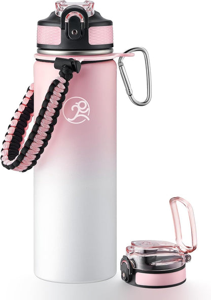24oz Insulated Stainless Steel Travel Water Bottle, 2 Lids