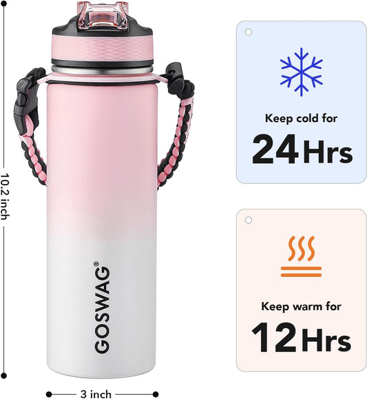 24oz Insulated Stainless Steel Travel Water Bottle, 2 Lids