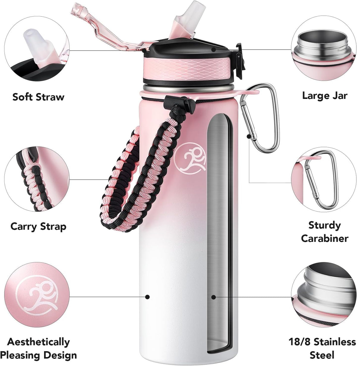 24oz Insulated Stainless Steel Travel Water Bottle, 2 Lids