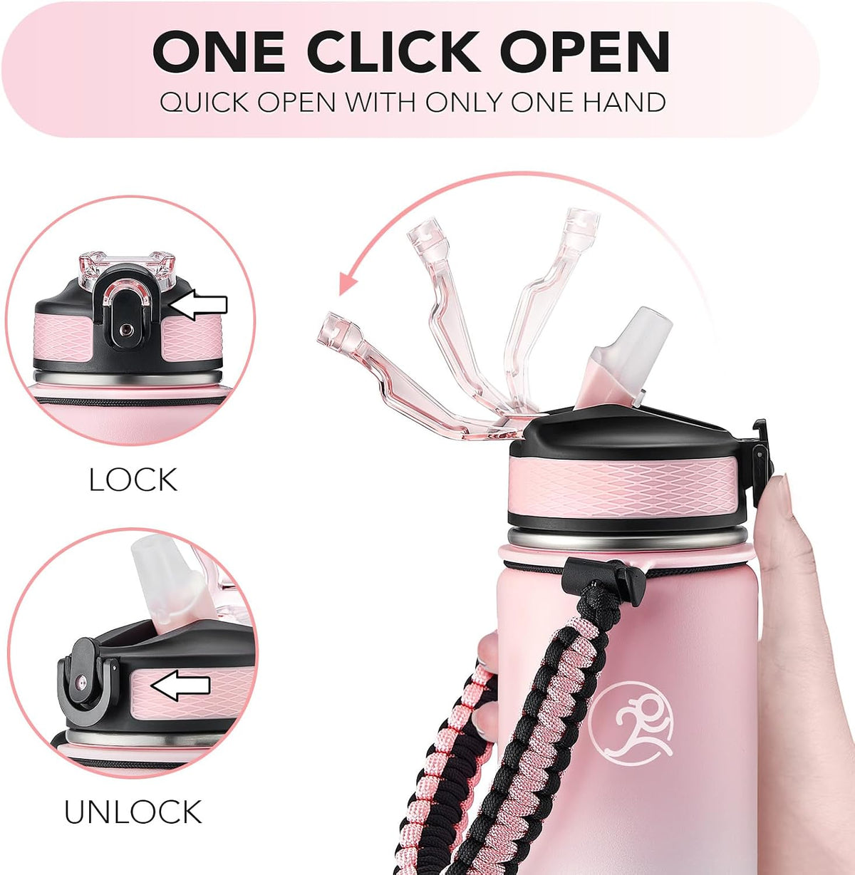 24oz Insulated Stainless Steel Travel Water Bottle, 2 Lids
