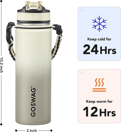 24oz Insulated Stainless Steel Travel Water Bottle, 2 Lids