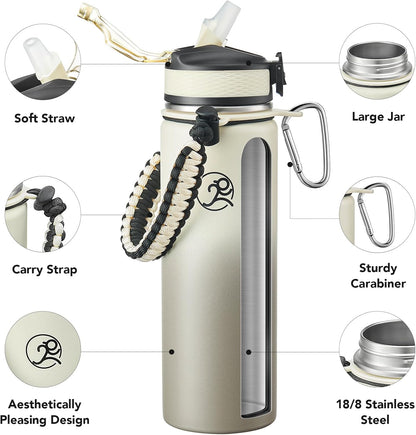 24oz Insulated Stainless Steel Travel Water Bottle, 2 Lids