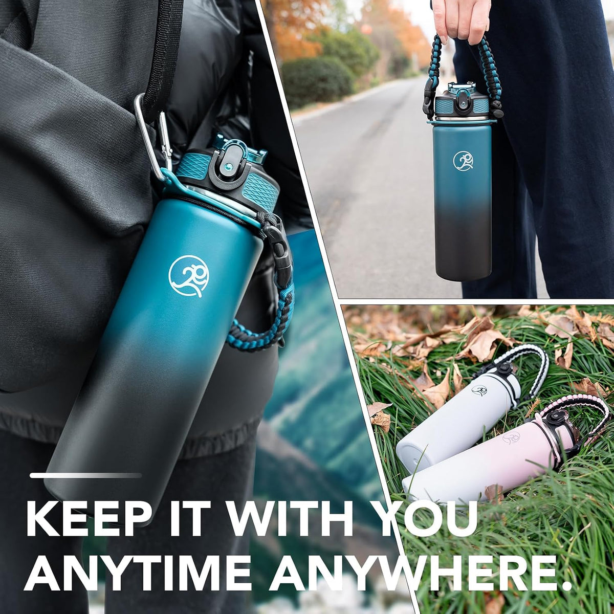 24oz Insulated Stainless Steel Travel Water Bottle, 2 Lids