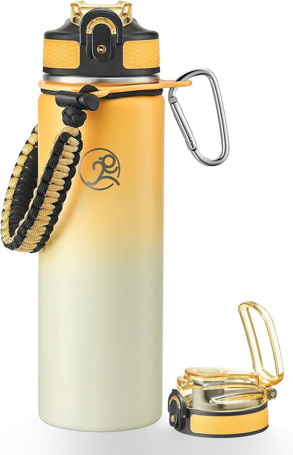 24oz Insulated Stainless Steel Travel Water Bottle, 2 Lids