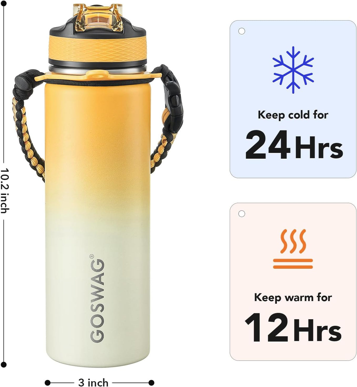 24oz Insulated Stainless Steel Travel Water Bottle, 2 Lids